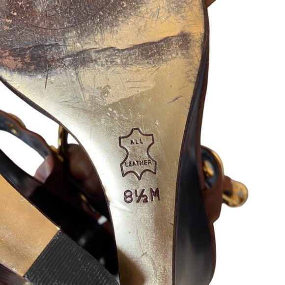 Tory Burch Kathryn Brown Leather Gold Grommet Wedge Sandals Sz 8.5 Designer Luxu - Picture 10 of 15